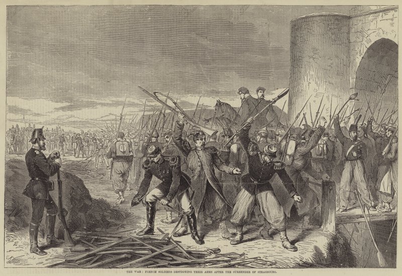 La guerra, soldati francesi che distruggono le loro armi dopo la resa di Strasburgo da English School