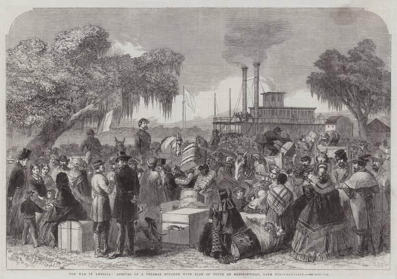La Guerra in America, arrivo di un piroscafo federale con bandiera di tregua a Madisonville, Lago Portchartrain (incisione) da English School