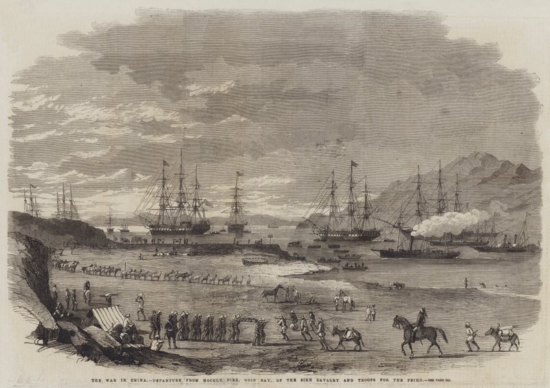 La guerra in Cina, partenza dal molo di Hockly, Odin Bay, della cavalleria Sikh e delle truppe per il Peiho da English School