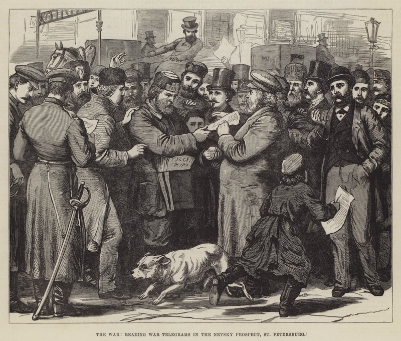La guerra, lettura dei telegrammi di guerra nella Prospettiva Nevsky, San Pietroburgo (incisione) da English School