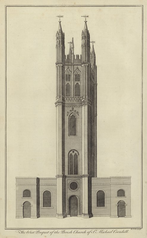 Prospetto ovest della Chiesa parrocchiale di St Michael, Cornhill, Londra da English School