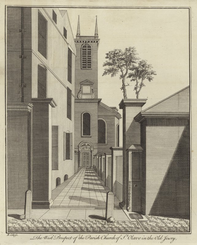Prospetto ovest della chiesa parrocchiale di St Olave in Old Jewry, Londra da English School