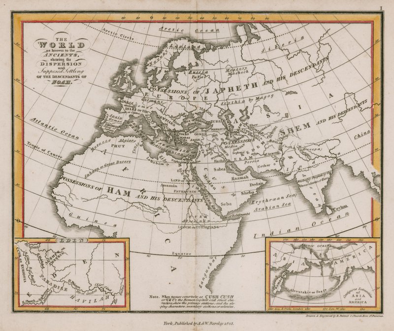 Il mondo conosciuto dagli antichi, mostrando la dispersione e il presunto insediamento dei discendenti di Noè da English School