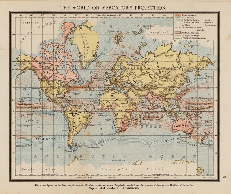 Il mondo nella proiezione di Mercatore (litografia a colori) da English School