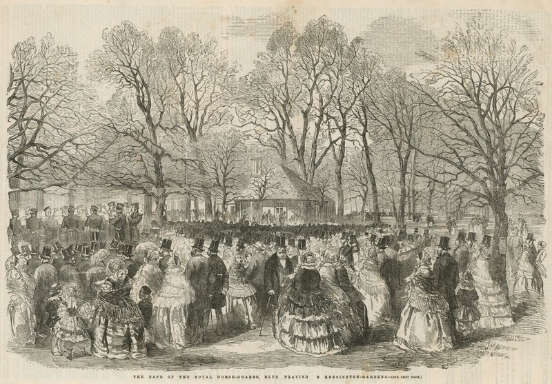 La banda delle Guardie Reali a Cavallo Blu che suona nei Kensington Gardens da English School