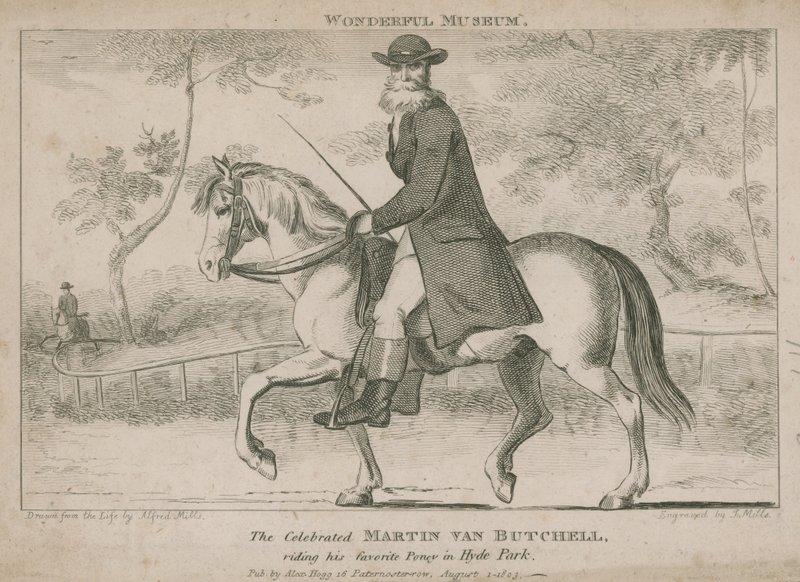 Il celebre Martin Van Butchell che cavalca il suo pony preferito a Hyde Park da English School