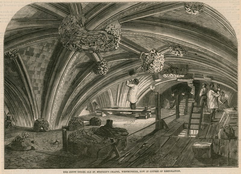 La cripta sotto la vecchia Cappella di San Stefano, Westminster, ora in corso di restauro da English School