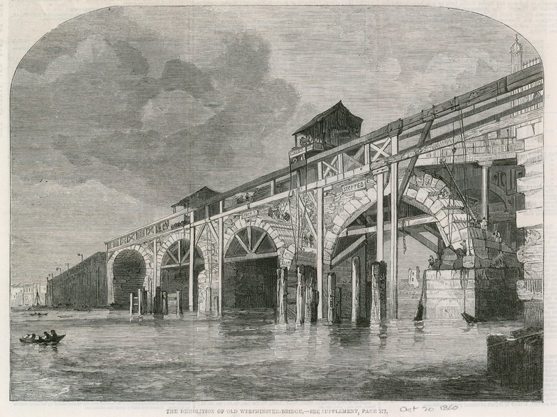 La demolizione del vecchio ponte di Westminster da English School