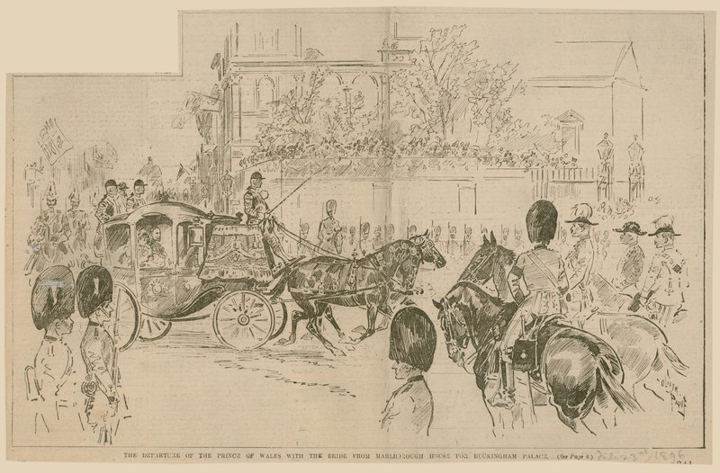 La partenza del Principe di Galles con la sposa da Marlborough House per Buckingham Palace, 23 luglio 1896 da English School