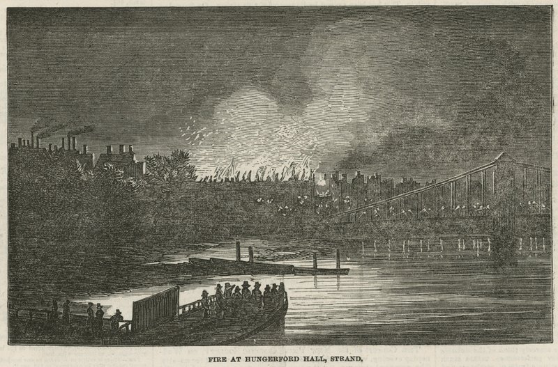 La distruzione per incendio di Hungerford Hall, Strand, Londra da English School