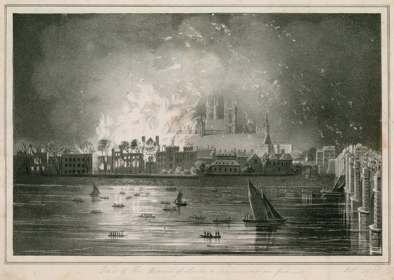 La distruzione per incendio delle Case del Parlamento il 16 ottobre 1834 da English School