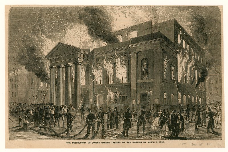 La distruzione del Teatro di Covent Garden, Londra, la mattina del 5 marzo 1856 da English School