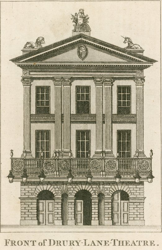 La facciata del Drury Lane Theatre, Londra da English School
