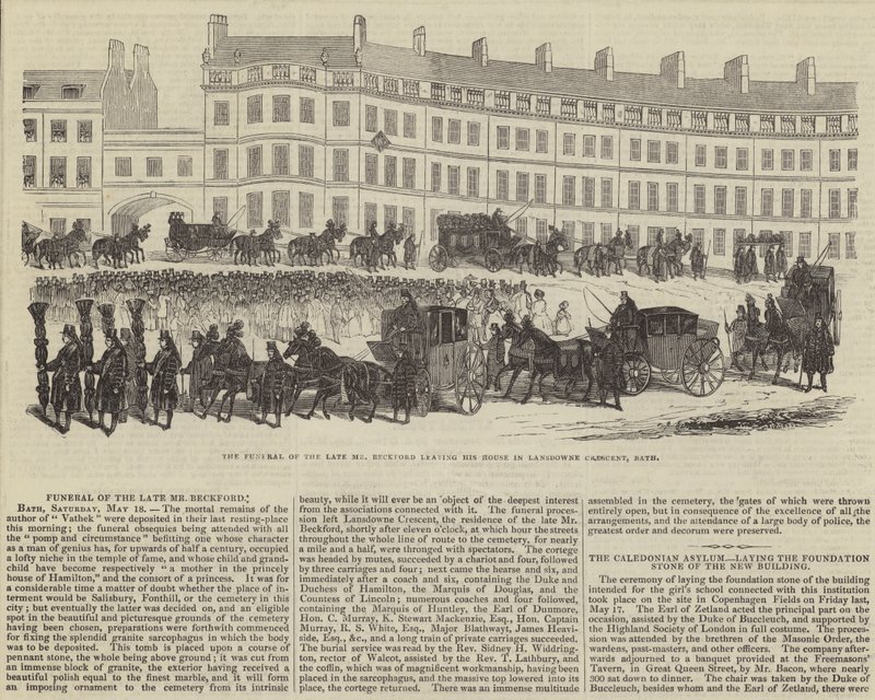 Il funerale del defunto signor William Beckford, che lascia la sua casa a Lansdowne Crescent, Bath (incisione) da English School