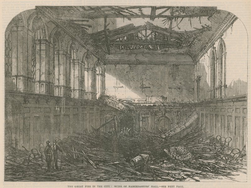 Il grande incendio della città: rovine della Haberdashers Hall da English School