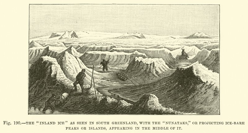 Il ghiaccio interno visto in Groenlandia meridionale, con i Nunataks, o picchi o isole senza ghiaccio che sporgono nel mezzo da English School