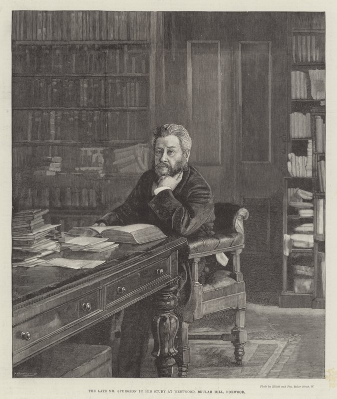 Il defunto Mr Spurgeon nel suo studio a Westwood, Beulah Hill, Norwood (incisione) da English School