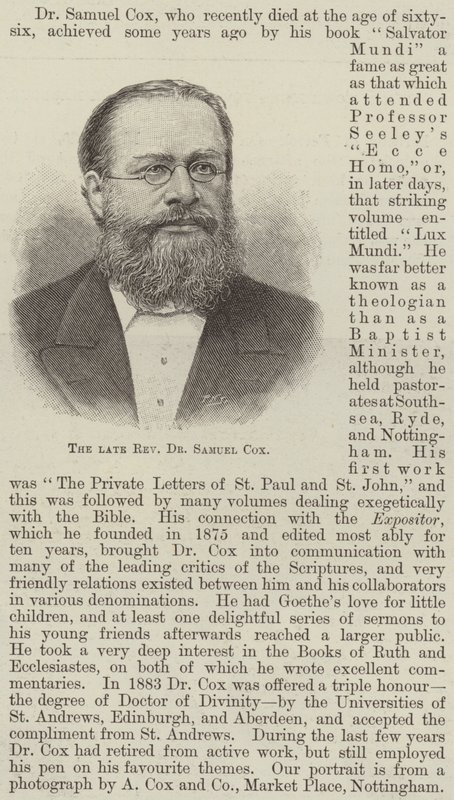 Il defunto Reverendo Dr Samuel Cox da English School