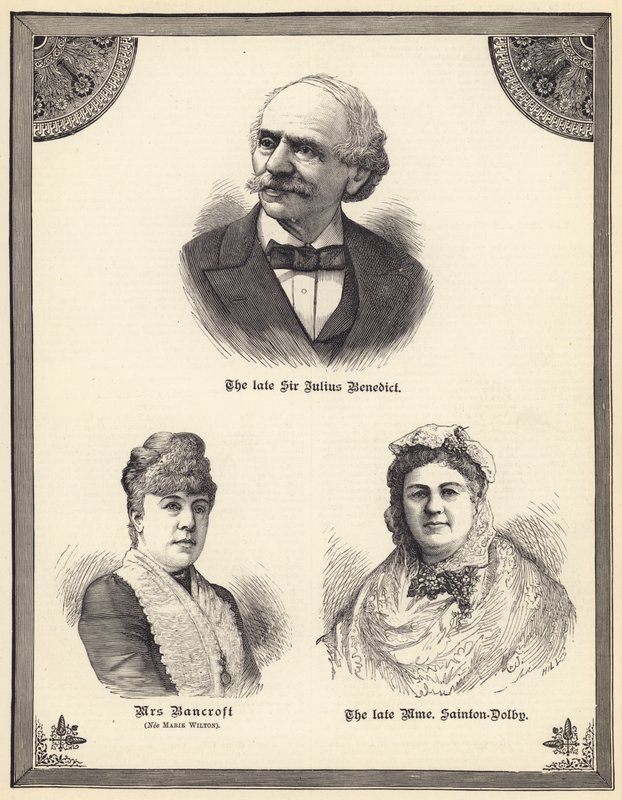 Il defunto Sir Julius Benedict, Mrs Bancroft (nata Marie Wilton), la defunta Madame Sainton Dolby (incisione) da English School