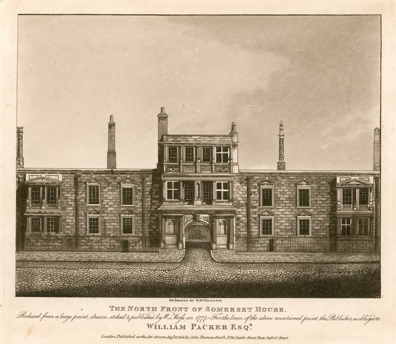 La facciata nord di Somerset House, The Strand, Londra, basata su una stampa disegnata da W. Moss nel 1777 da English School
