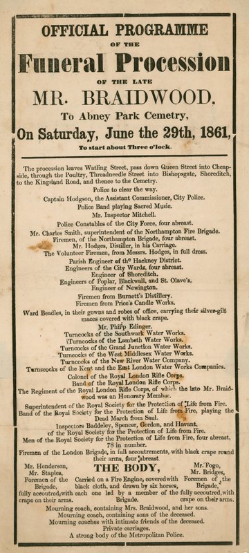 Il programma ufficiale del corteo funebre del defunto Sig. Braidwood, Sovrintendente della Brigata dei Vigili del Fuoco di Londra da English School