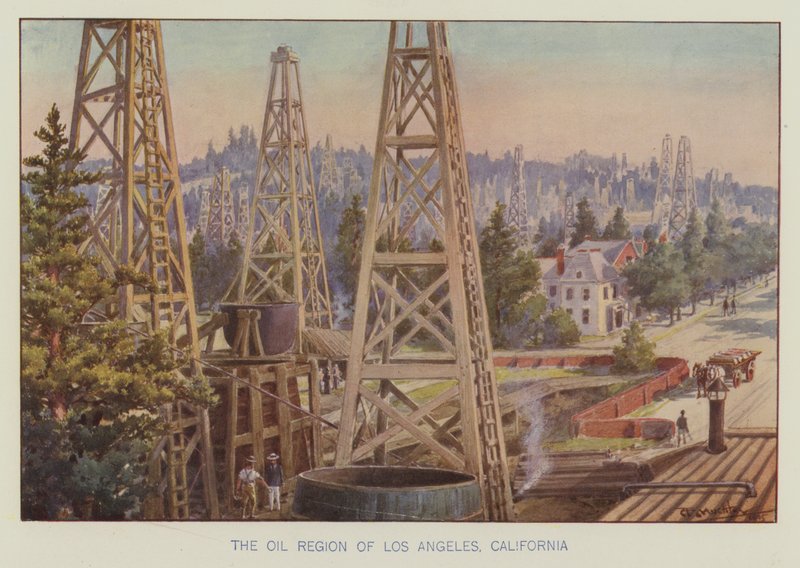 La regione petrolifera di Los Angeles, California (litografia a colori) da English School