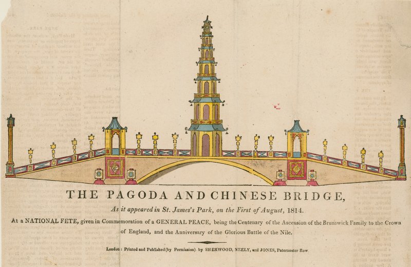 La pagoda e il ponte, come appariva in St Jamess Park, Londra, il 1 agosto 1814 da English School