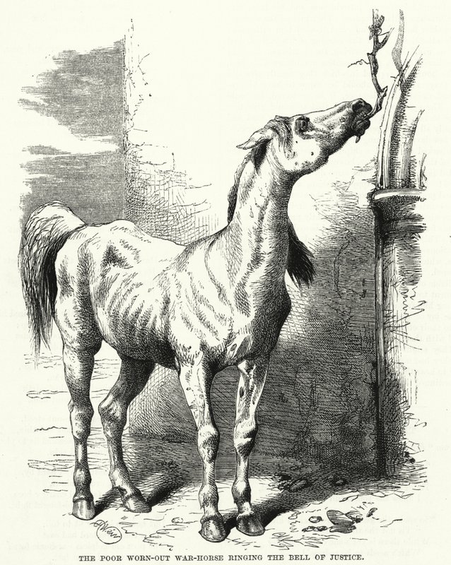 Il povero cavallo da guerra esausto che suona la campana della giustizia (incisione) da English School
