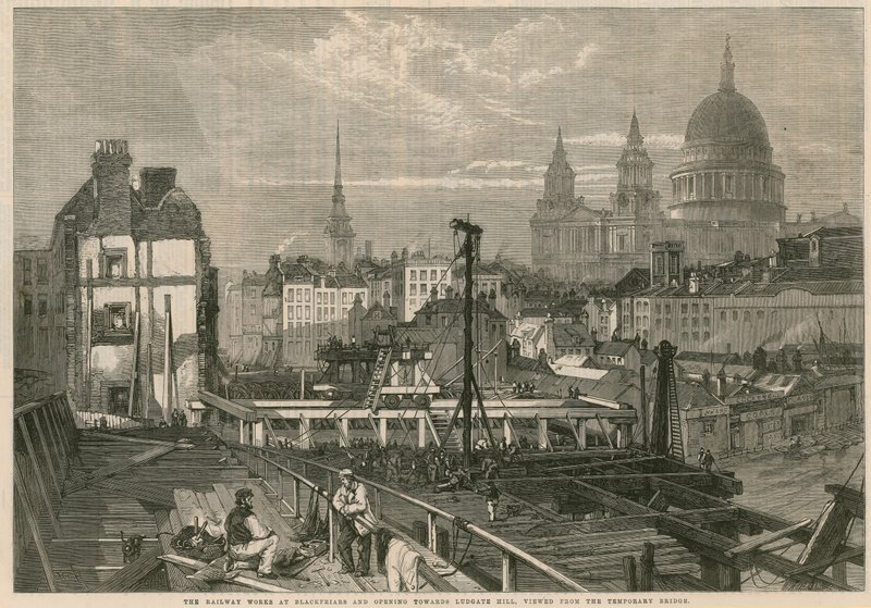 I lavori ferroviari a Blackfriars e apertura verso Ludgate Hill, Londra, visti dal ponte temporaneo da English School