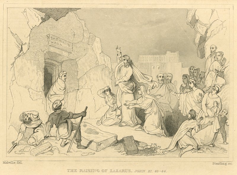 La resurrezione di Lazzaro, Giovanni XI, 43-44 (incisione) da English School