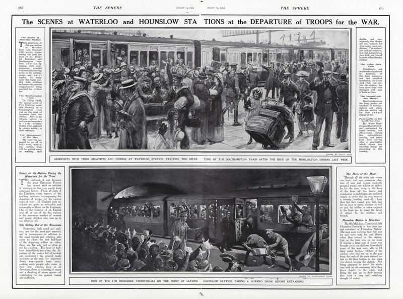 Le scene alle stazioni di Waterloo e Hounslow alla partenza delle truppe per la guerra, Prima Guerra Mondiale, agosto 1914 da English School