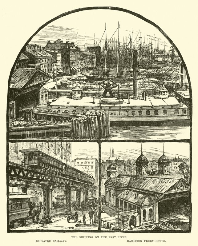 Il traffico sul Fiume East; Ferrovia Elevata; Casa del Traghetto di Hamilton da English School
