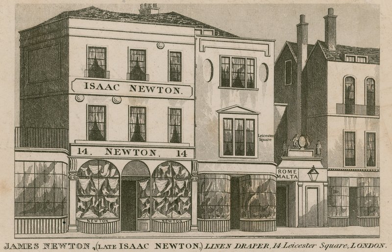 La vetrina di Isaac Newton, venditore di lino di 14 Leicester Square, Londra da English School