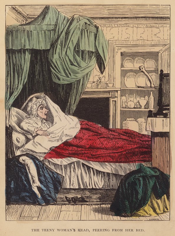 La testa della piccola donna, che sbircia dal suo letto da English School