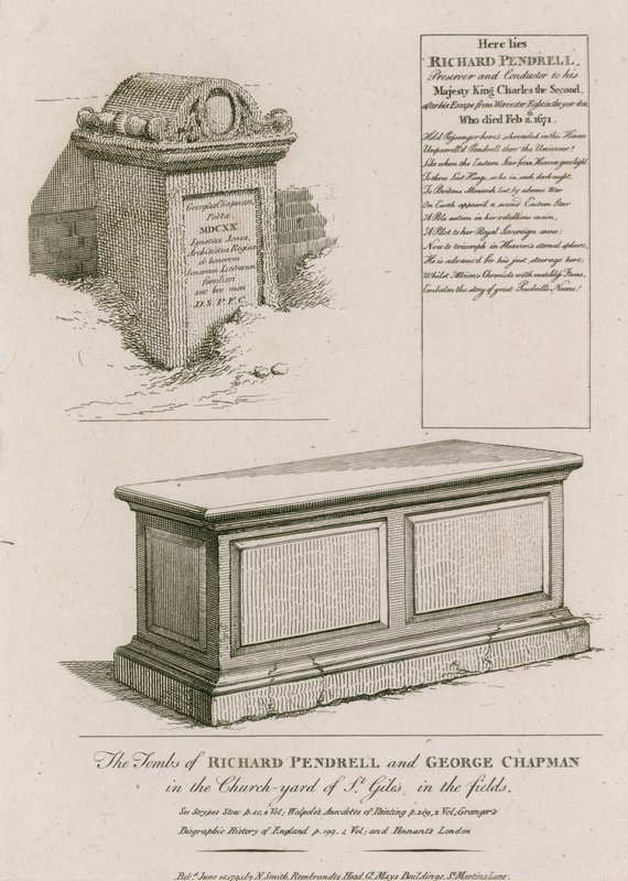 Le tombe di Richard Pendrell e George Chapman nel cimitero di St Giles in the Fields, Londra da English School
