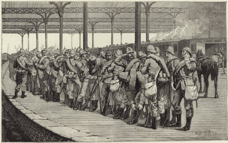 La revisione dei volontari: partenza del corpo degli artisti dalla stazione ferroviaria di Victoria da English School
