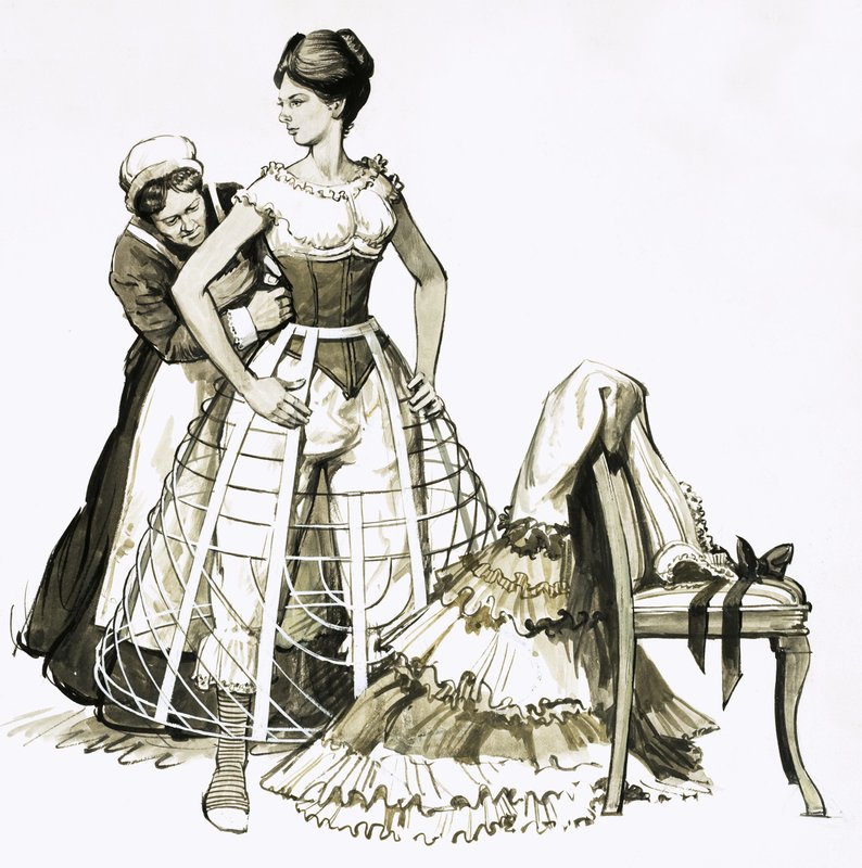Il dispositivo a filo noto come "crinolene a gabbia" usato dalle donne negli anni 
