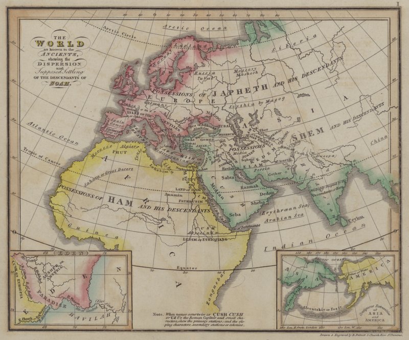 Il mondo conosciuto dagli Antichi che mostra la Dispersione e il Presunto Insediamento dei Discendenti di Noè da English School