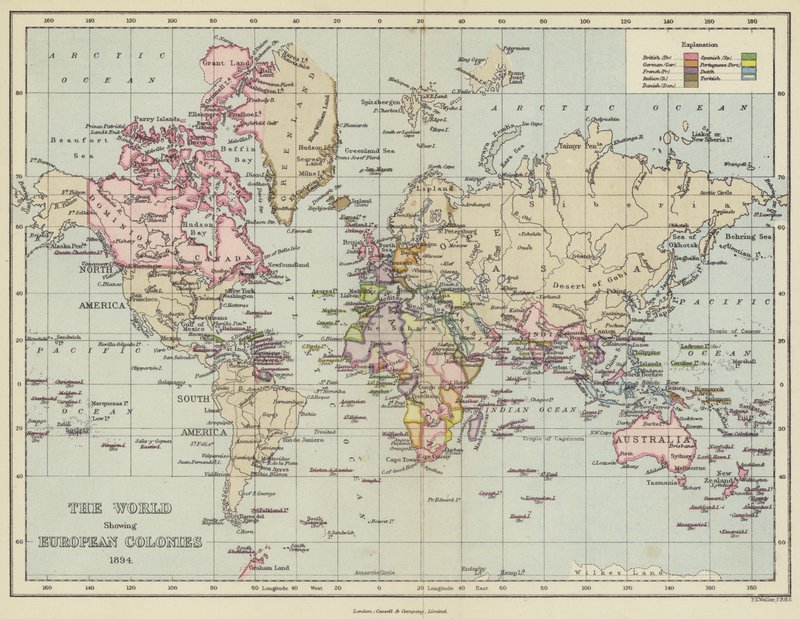 Il mondo che mostra le colonie europee da English School