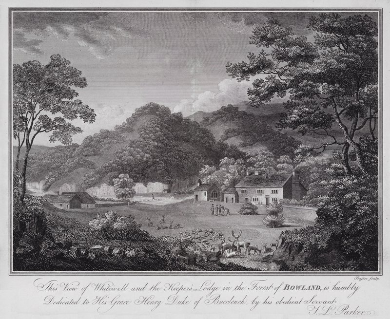 Questa vista di Whitewell e la casa del guardiacaccia nella foresta di Bowland, è umilmente dedicata a Sua Grazia Henry Duca di Buccleuch, dal suo obbediente servitore J L Parker da English School