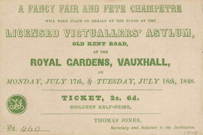 Biglietto per una Fiera di Fantasia e Fête Champetre ai Giardini Reali, Vauxhall, Londra da English School