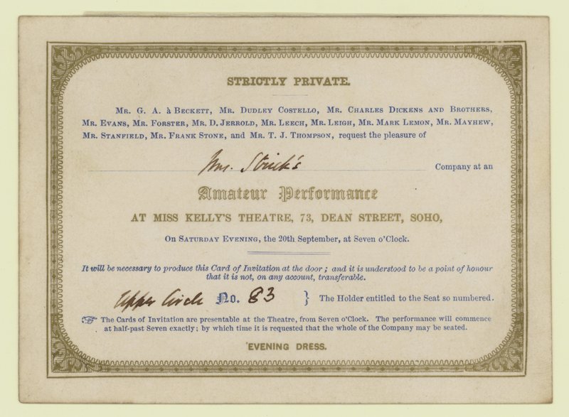 Biglietto per la performance teatrale amatoriale di Charles Dickens, 1845 da English School