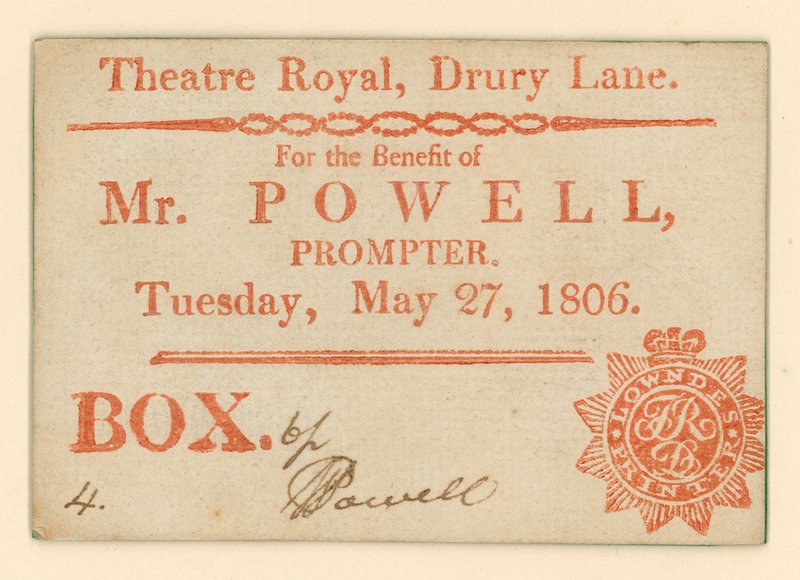 Biglietto per il Drury Lane Theatre, Londra: Per il beneficio di Mr Powell, suggeritore, 27 maggio 1806 da English School