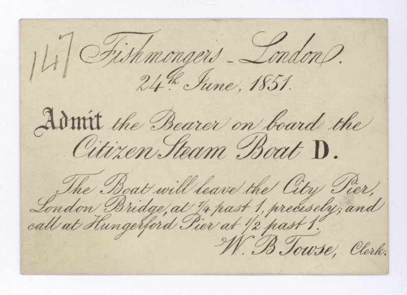 Biglietto per i pescivendoli di Londra per fare un giro in barca sul Citizen Steam Boat, 24 giugno 1851 da English School
