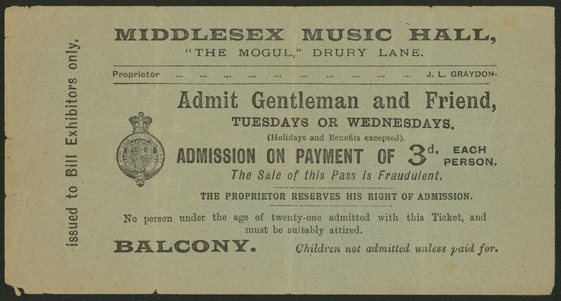 Biglietto per il Middlesex Music Hall, The Mogul, Drury Lane, Londra da English School