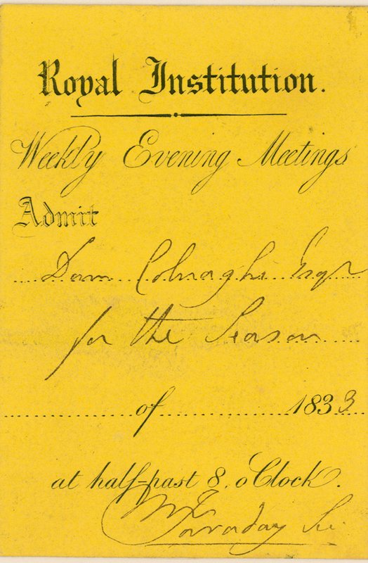 Biglietto di ammissione alla Royal Institution, Albemarle Street, Londra, per una lezione di Michael Faraday da English School
