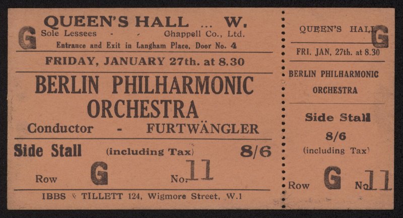 Biglietto per un concerto della Berlin Philharmonic Orchestra, Queens Hall, Londra, venerdì 27 gennaio 1928 da English School