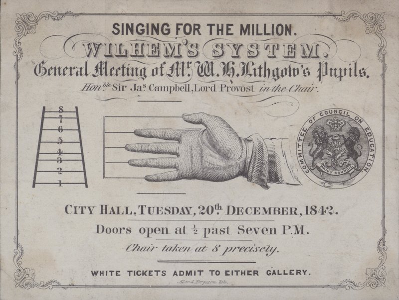 Biglietto per un evento per ascoltare gli allievi del "Metodo di insegnamento del canto di Wilhem" - il metodo scritto dal compositore inglese John Pyke Hullah (litografia) da English School