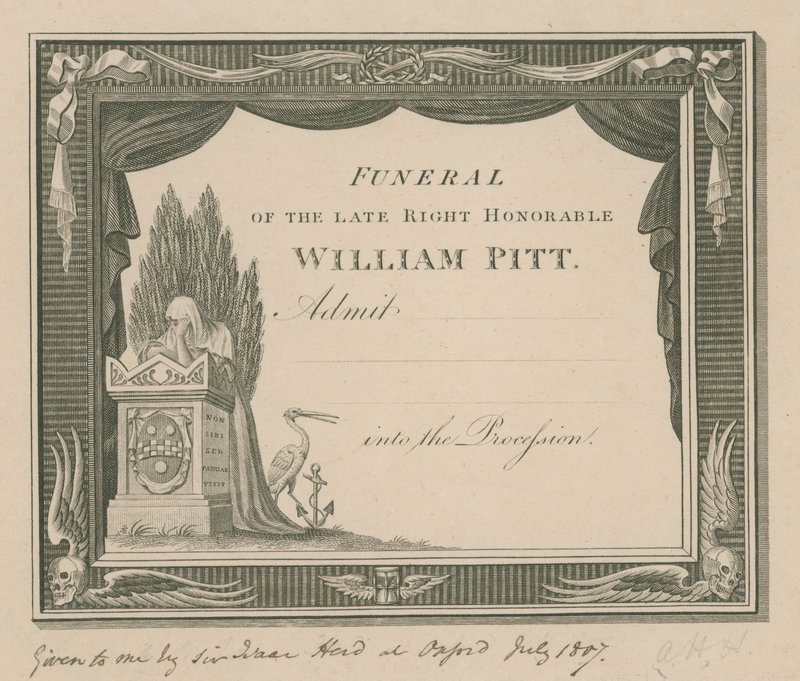 Biglietto per il funerale del defunto William Pitt da English School