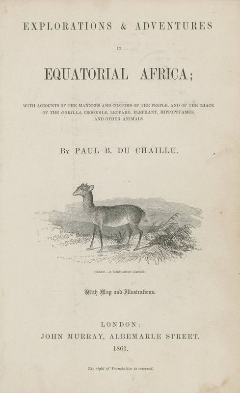 Pagina del titolo di Esplorazioni e Avventure in Africa Equatoriale di Du Chaillu da English School